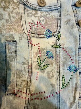 Cat Crystal Detail. Denim Jean Jacket with Flowered Cat. Hand placed Swarovski